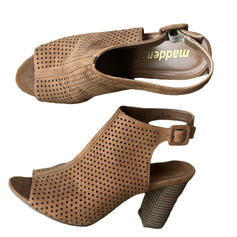 Madden Girl Tan Perforated Open-Toe Slingback Heeled Sandals